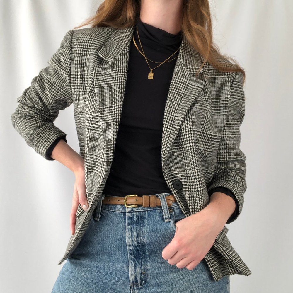 Parisian Vintage Oversized Houndstooth Plaid Knit Wool Blend Blazer Jacket Coat - Picture 3 of 8